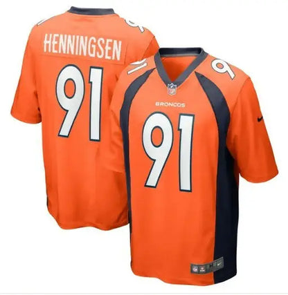Orange Denver Broncos Nike Game Player Jerseys with navy blue accents and number 91