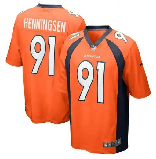 Orange Denver Broncos Nike Game Player Jerseys with navy blue accents and number 91