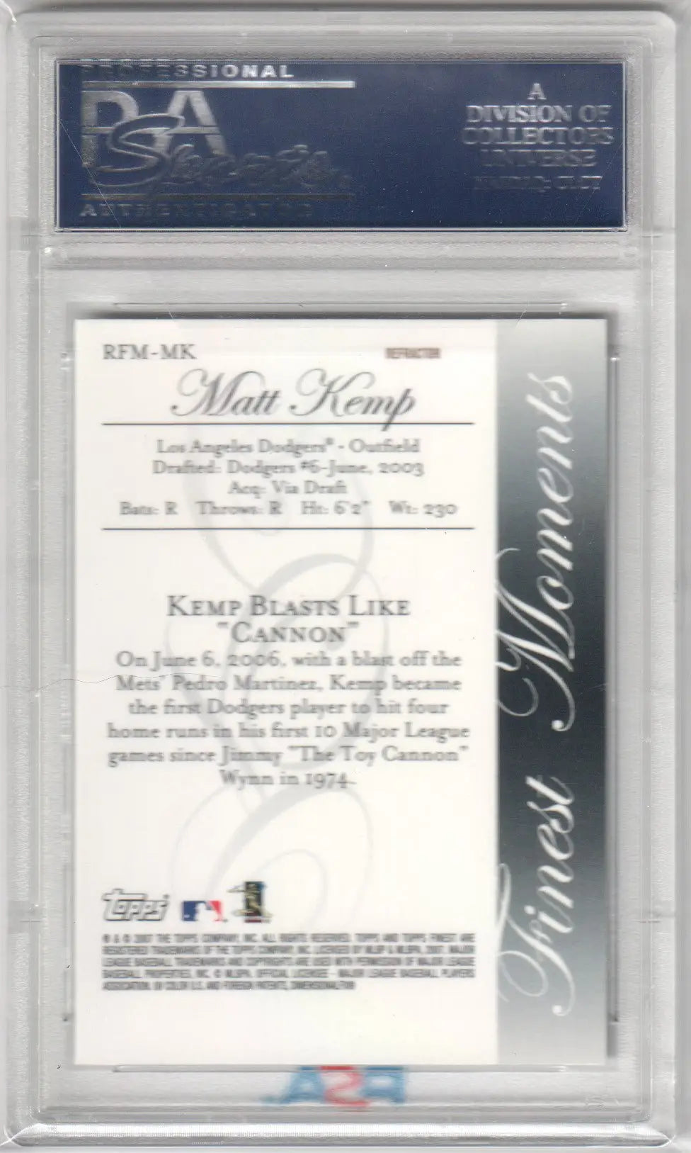 Graded Matt Kemp baseball card from rookie finest moments series RFMMK refractor PSA 10