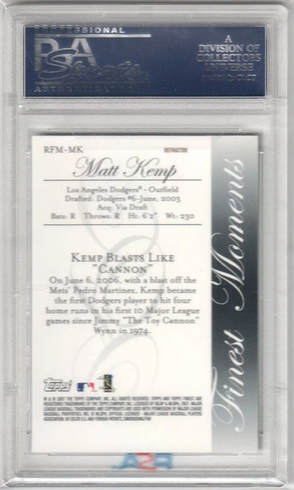 Graded Matt Kemp baseball card from rookie finest moments series RFMMK refractor PSA 10