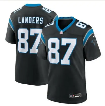 Black Panthers football jersey with LANDERS and 87 in white lettering for Matt Landers Carolina Panthers Nike Game Jersey
