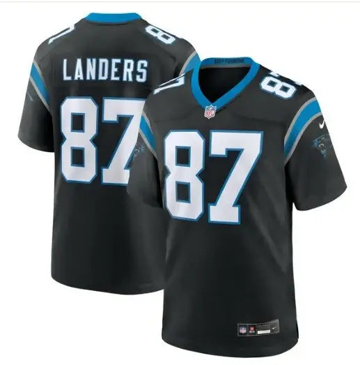 Black Panthers football jersey with LANDERS and 87 in white lettering for Matt Landers Carolina Panthers Nike Game Jersey