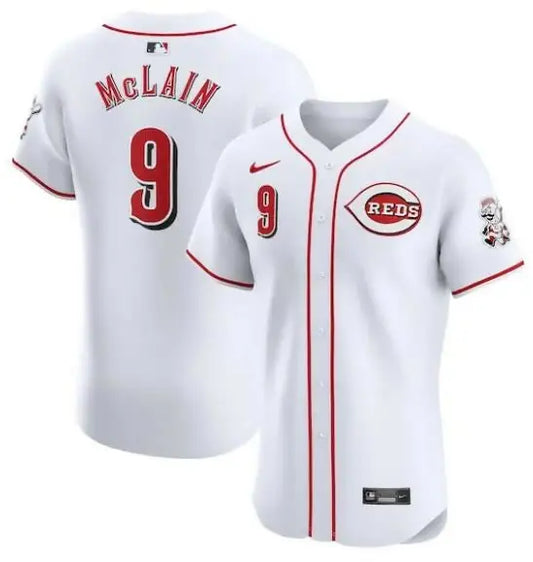 White Cincinnati Reds baseball jersey featuring Matt McLain Nike Home Elite Player design