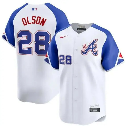 Matt Olson Atlanta Braves Nike City Connect white baseball jersey displayed on a page