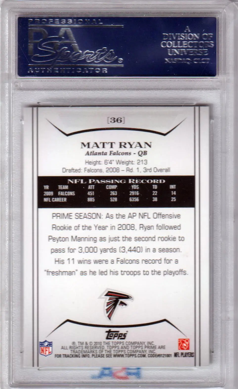Graded Matt Ryan football card from Topps Prime, Gem Mint PSA 10 Falcons collectible