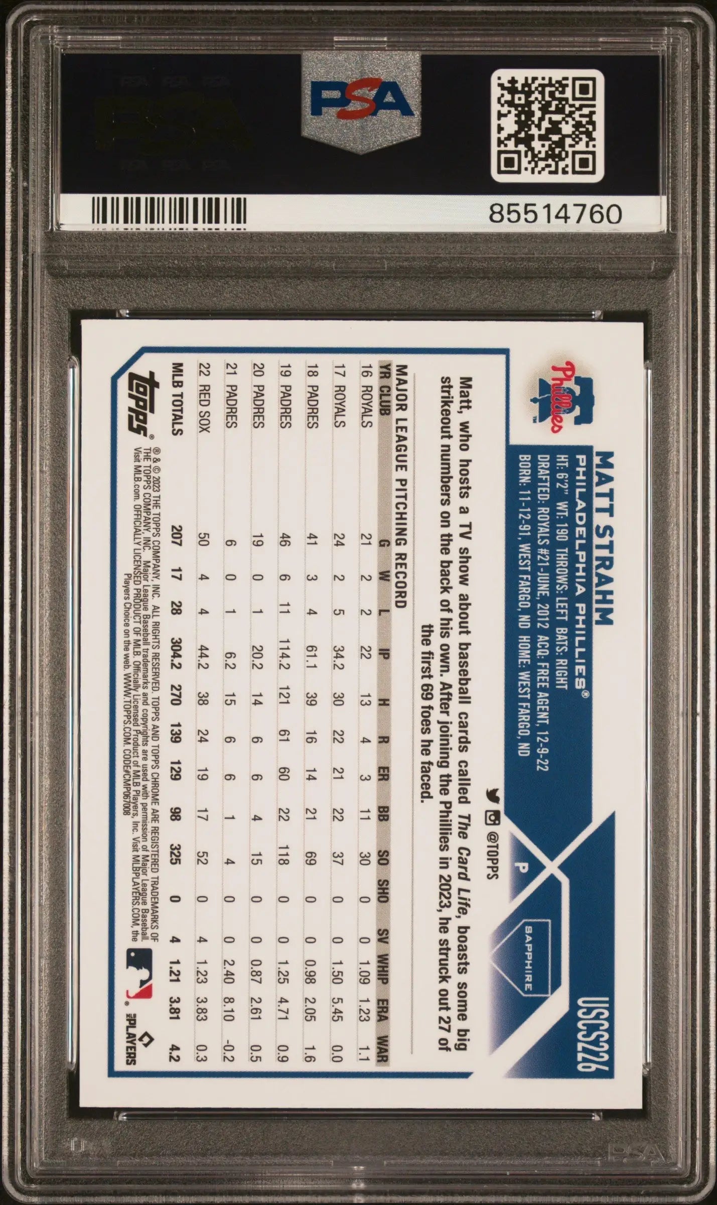 PSA graded Matt Strahm 2023 Topps Chrome Update Sapphire Red baseball card