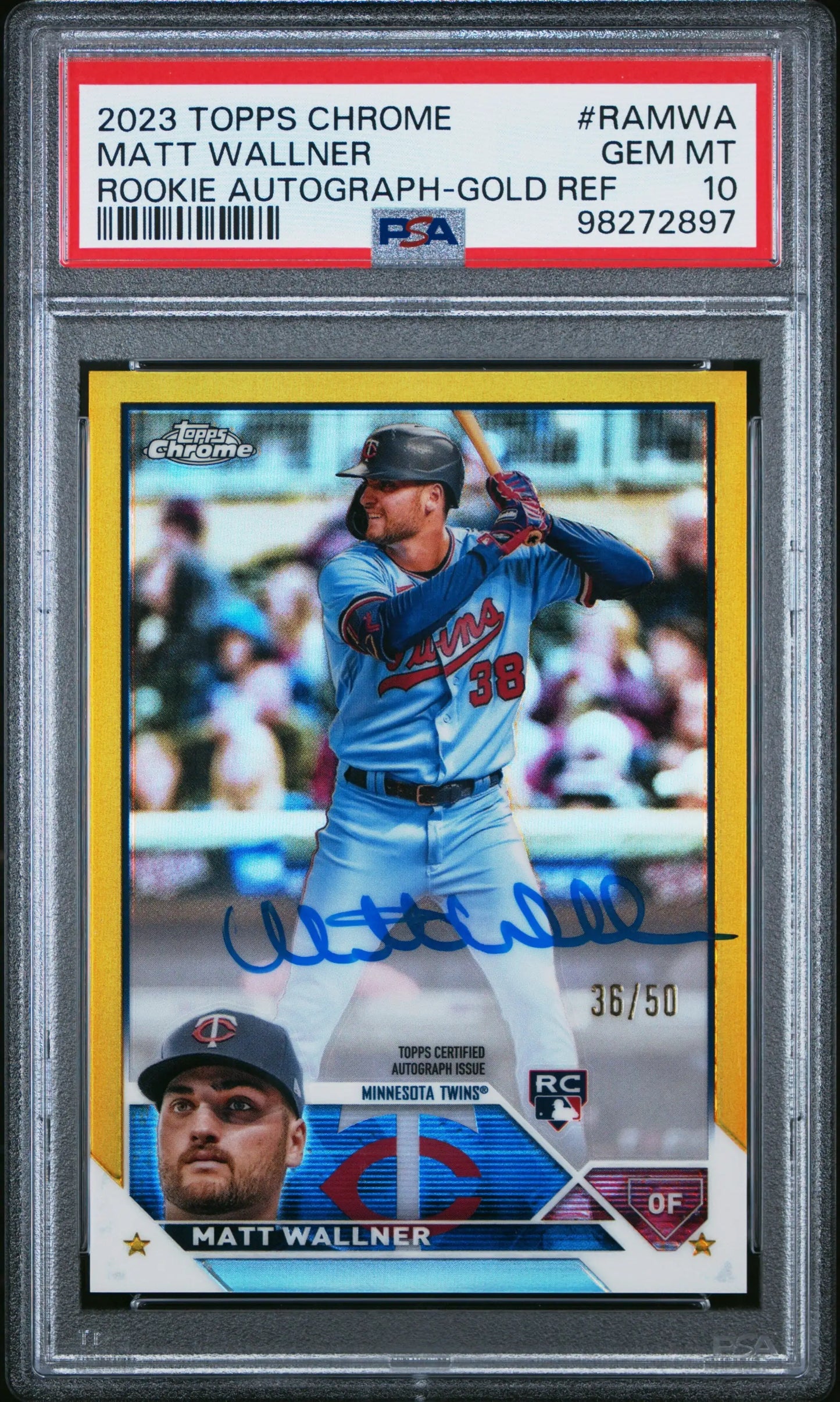PSA-graded 2023 Topps Chrome Gold Refractor Matt Wallner Rookie Auto card GEM MT 10