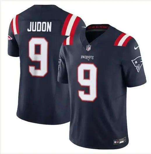 Navy blue New England Patriots football jersey with Judon 9 in white Nike Vapor F.U.S.E