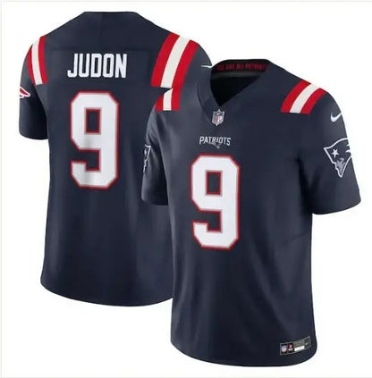 Navy blue New England Patriots football jersey with Judon 9 in white Nike Vapor F.U.S.E
