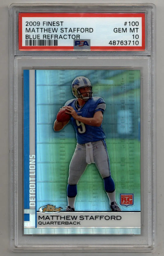 PSA 10 Gem Mint Matthew Stafford 2009 Finest Blue Refractor rookie card in blue jersey