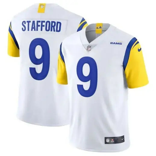 White and blue Rams Nike Alternate Vapor Jersey with yellow sleeves featuring Matthew Stafford