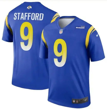 Blue Los Angeles Rams Nike Legend Jersey with Stafford number 9 and STAFFORD on back