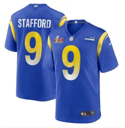 Blue Los Angeles Rams Matthew Stafford jersey with stafford and number 9 in white and gold