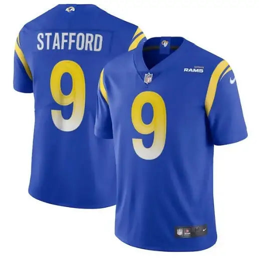 Blue Matthew Stafford Los Angeles Rams #9 NFL jersey displayed in Nike Vapor Limited Jersey