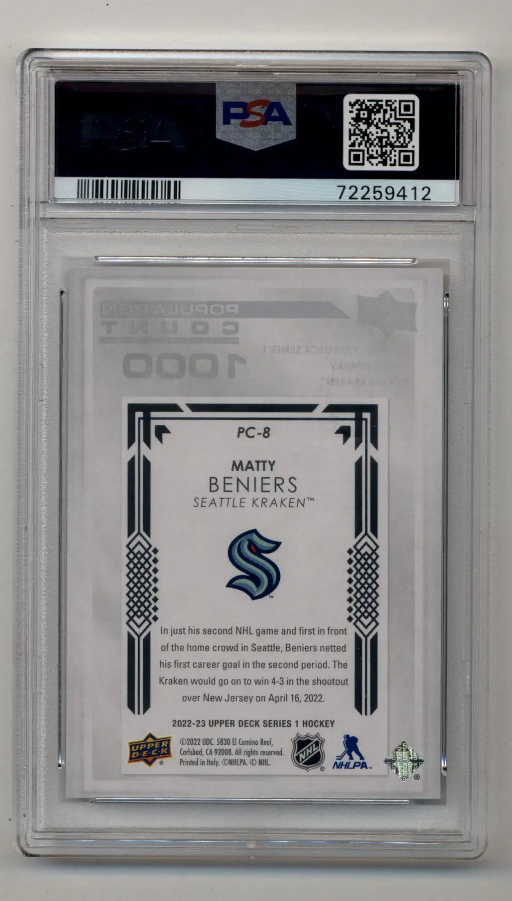 Matty Beniers 2022-23 Upper Deck Population Count 1000 PSA 10 Gem Mint - Singles