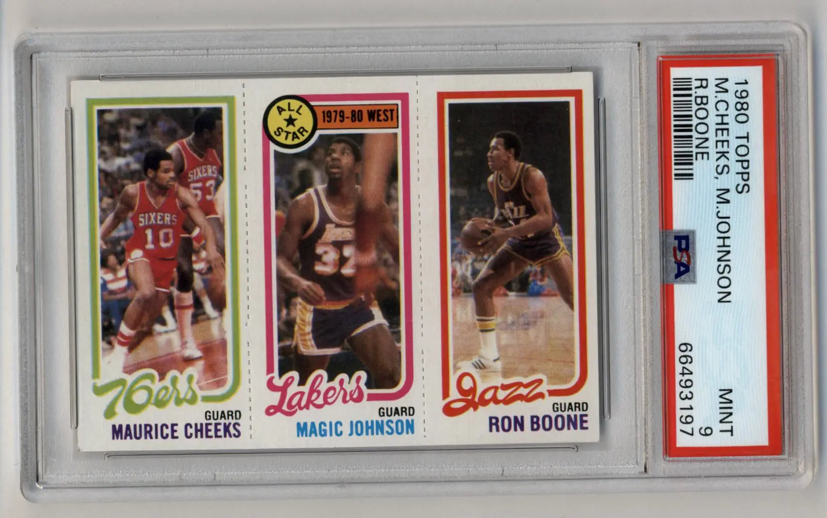 Vintage basketball trading card panel of Maurice Cheeks, Magic Johnson, and Ron Boone