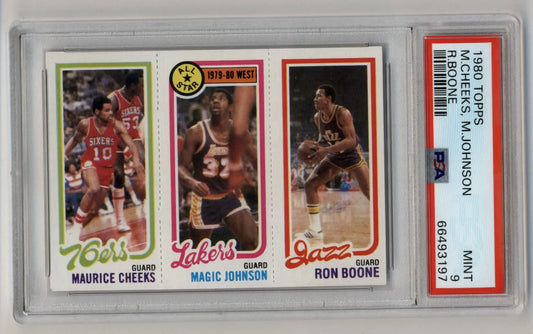 Vintage basketball trading card panel of Maurice Cheeks, Magic Johnson, and Ron Boone