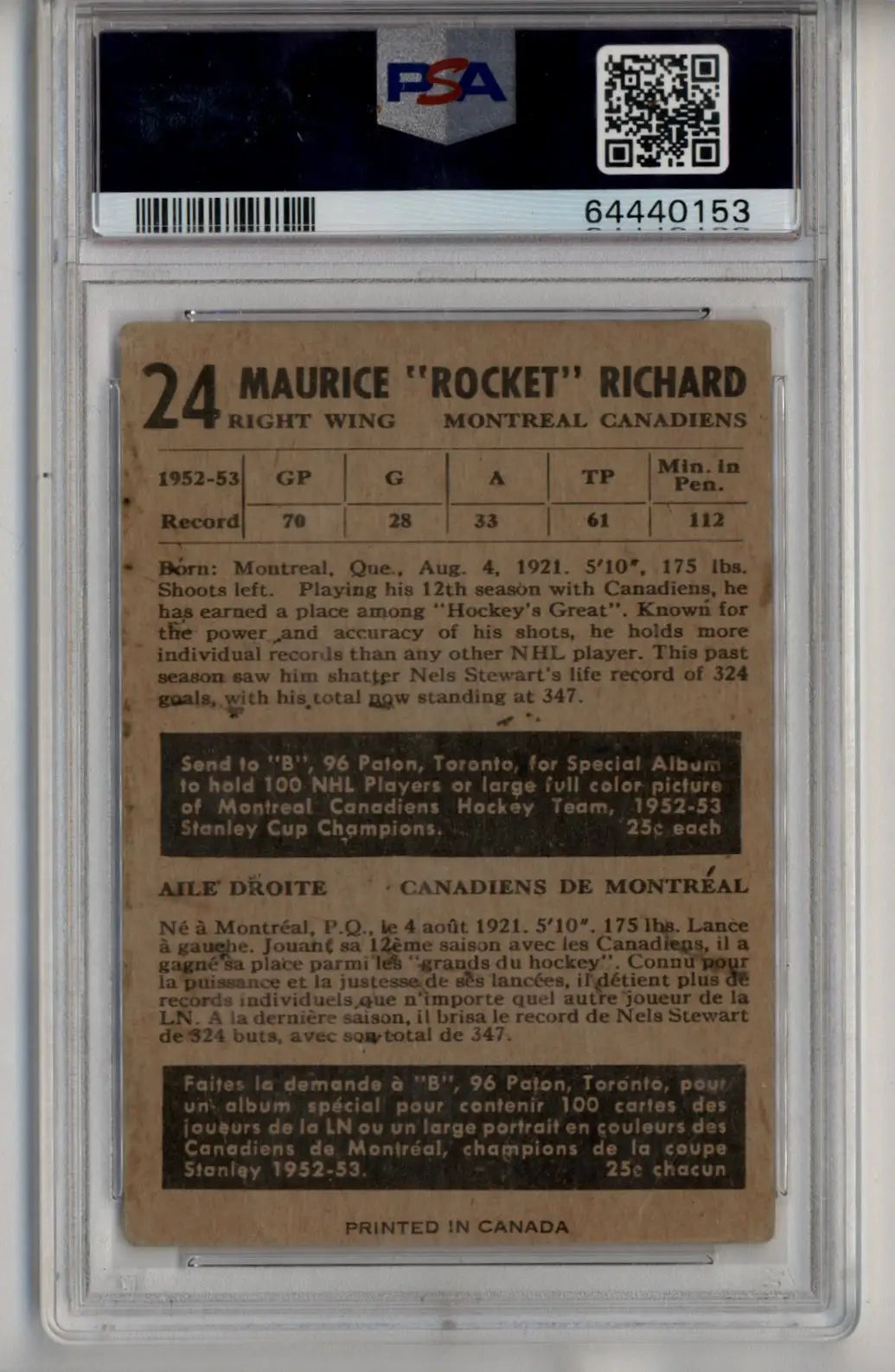 Maurice Richard 1953-54 Parkhurst #24 PSA 1.5 Fair - Singles