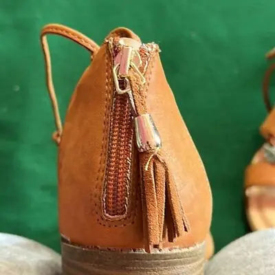 Back of Maurice’s Women’s Light Rust Lace Up Zipper Sandals with Block Heel