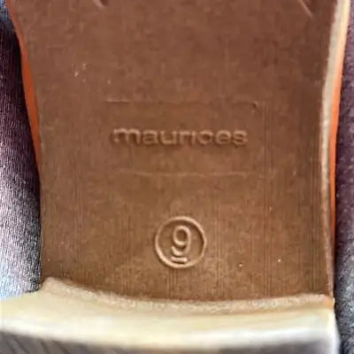Brown shoe sole with maurices and size 9 embossed, perfect for Maurice’s light rust lace zipper sandals block heel