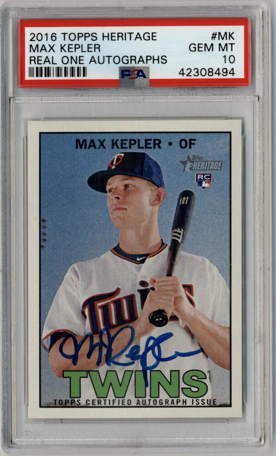 Max Kepler 2016 Heritage Real One Auto baseball card with autograph, PSA 10 Gem Mint