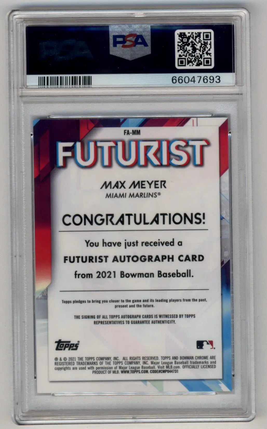 Max Meyer 2021 Bowman Chrome Mega Box Futurist Auto Black Refractors #FAMM 1/1 PSA 10 Gem Mint Auto 10 - Singles