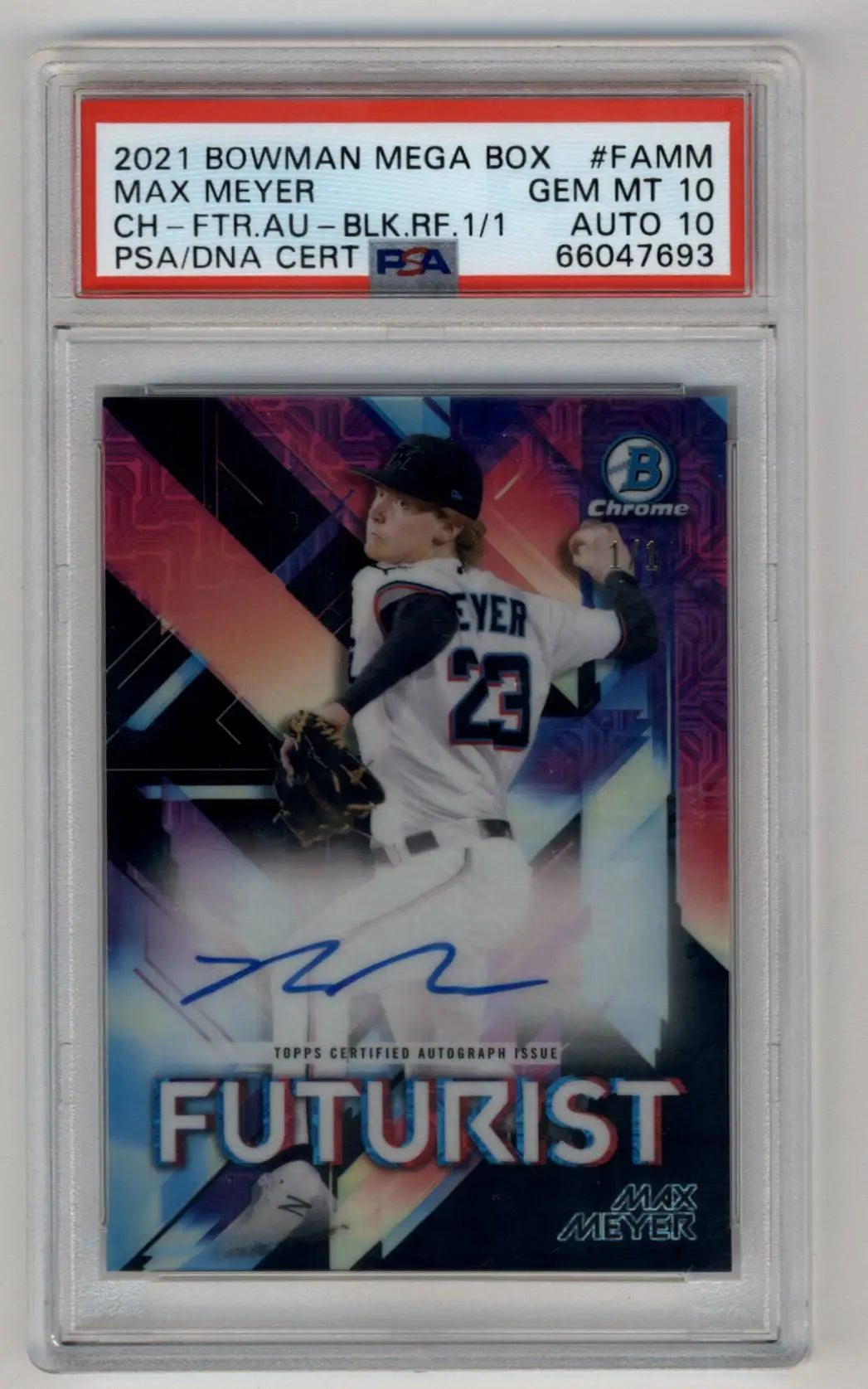 Max Meyer 2021 Bowman Chrome Mega Box Futurist Auto Black Refractors #FAMM 1/1 PSA 10 Gem Mint Auto 10 - Singles