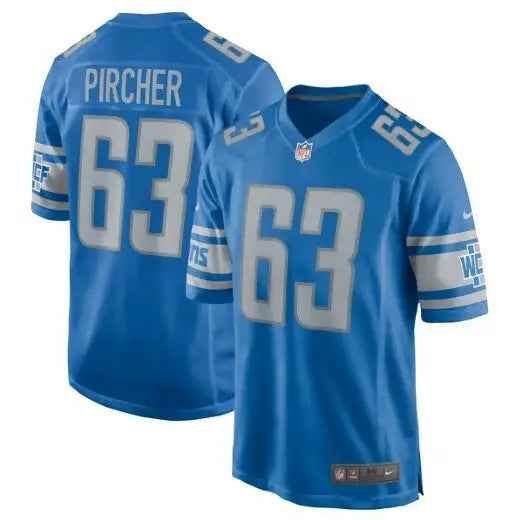 Blue Max Pircher Detroit Lions Nike team game jersey with number 63 displayed