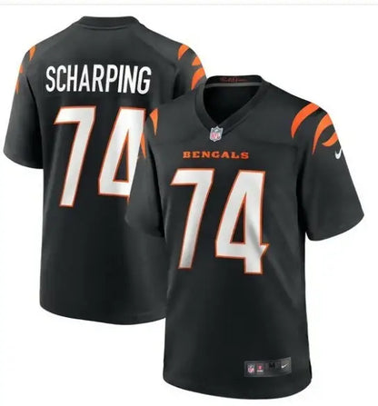 Black Cincinnati Bengals Max Scharping football jersey with number 74 and player name on back