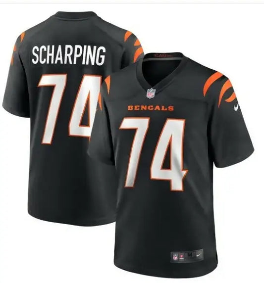 Black Cincinnati Bengals Max Scharping football jersey with number 74 and player name on back