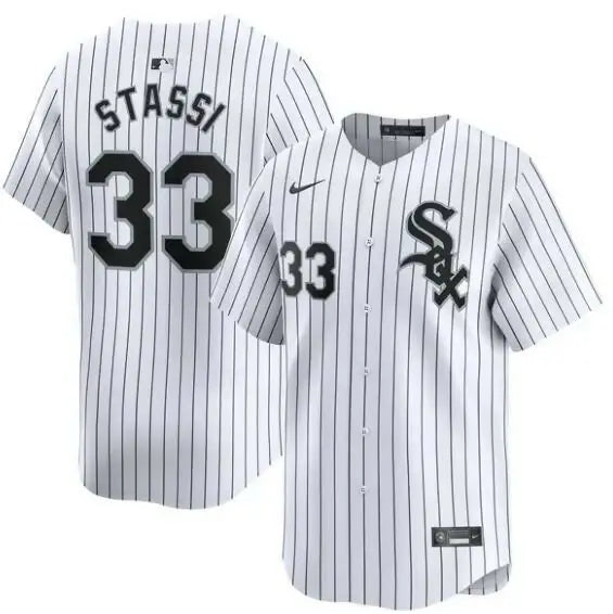 White pinstripe baseball jersey worn by Max Stassi for Chicago White Sox Nike Home Limited Player Jersey