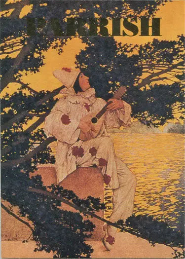 Costumed figure playing stringed instrument in tree on Maxfield Parrish Portrait foil chase card