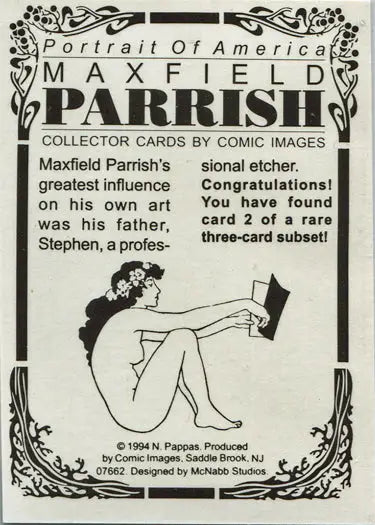 Maxfield Parrish trading card featuring silhouette illustration and artist information