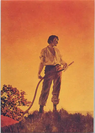Person on a hill with farming tools at sunset for Maxfield Parrish Portrait trading cards