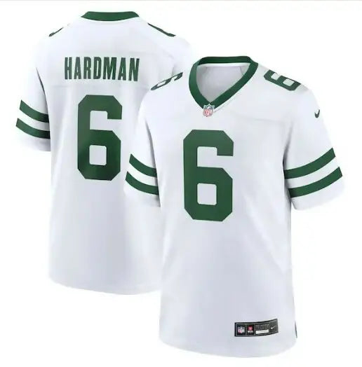White Mecole Hardman York Jets Nike Legacy player game jersey with green trim and number 6