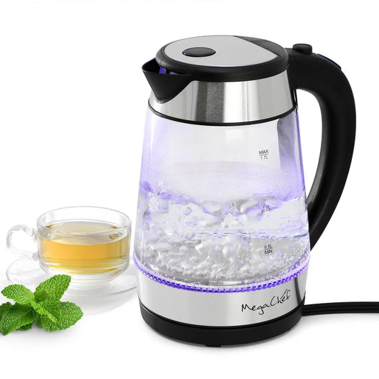 MegaChef 1.8 Quart Glass and Stainless Steel Electric Tea Kettle in Silver - Electric Kettles