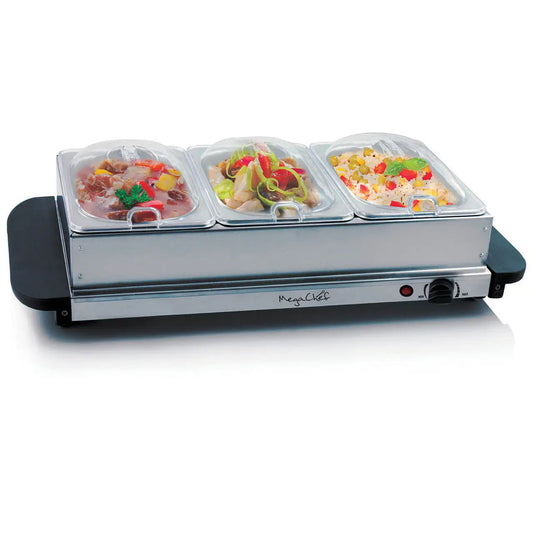 MegaChef Buffet Server & Food Warmer With 3 Removable Sectional Trays Heated Warming Tray and Rem - Food Warmer