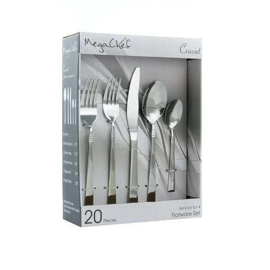 MegaChef Cravat 20 Piece Flatware Utensil Set Stainless Steel Silverware Metal Service for 4 in Si - Flatware