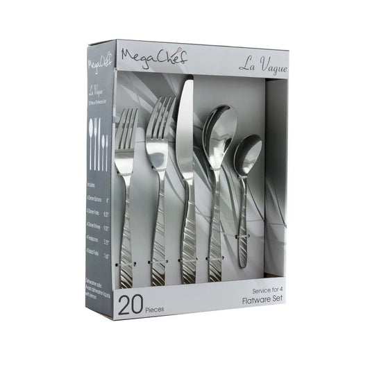 MegaChef La Vague 20 Pcs Flatware Utensil Set Stainless Steel Silverware Metal Service for 4 in Si - Cutlery & Flatware