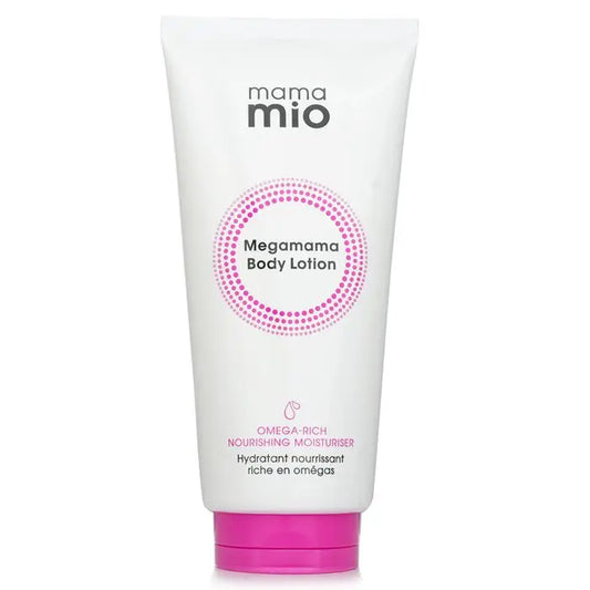 White tube of Megamama Body Lotion with pink cap Omega-rich nourishing moisturizer
