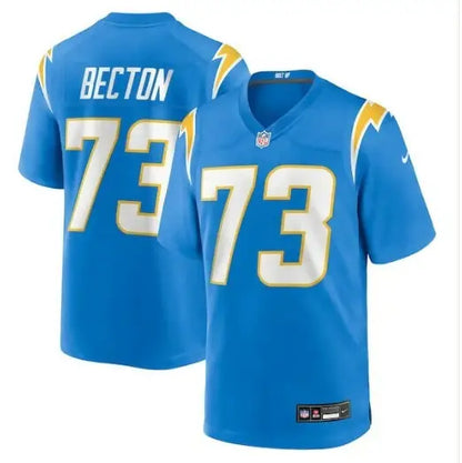 Light blue Mekhi Becton Los Angeles Chargers Nike game jersey with number 73