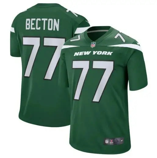 Green York Jets Nike Mekhi Becton Game Jersey with white accents and numbers