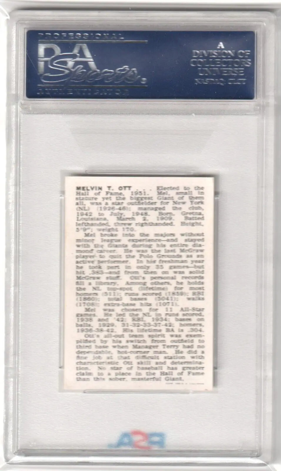 Encased MEL OTT 1950 Callahan Hall of Fame HOF baseball card featuring Columbia Hobby design