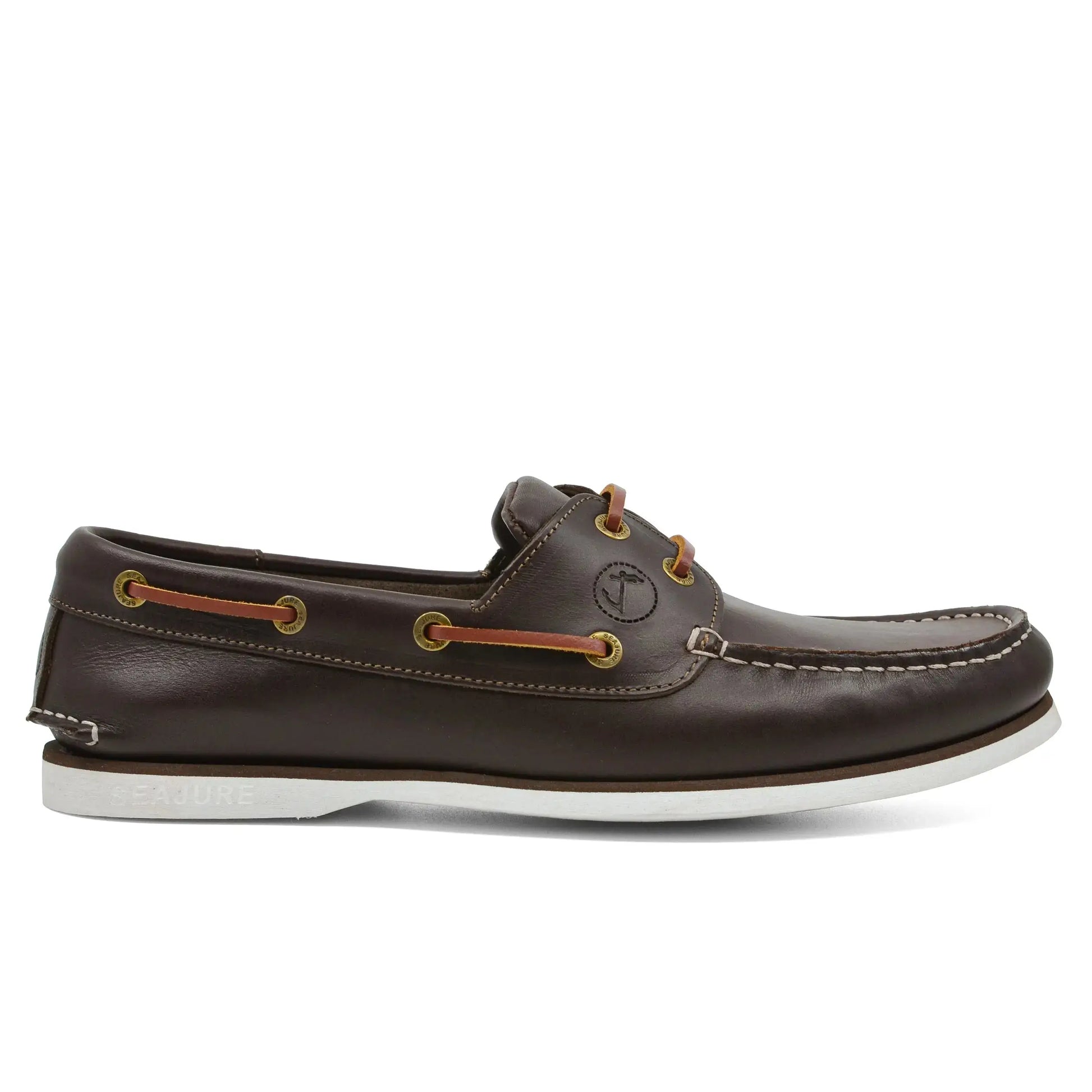 Men boat shoe Forvie in dark brown leather with white stitching and natural rubber sole