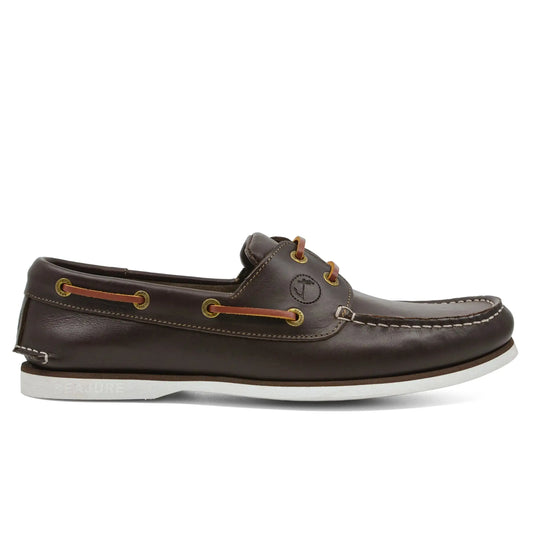 Men boat shoe Forvie in dark brown leather with white stitching and natural rubber sole