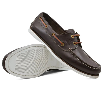 High quality Men Boat Shoe Forvie with dark brown leather, tan laces, and white soles