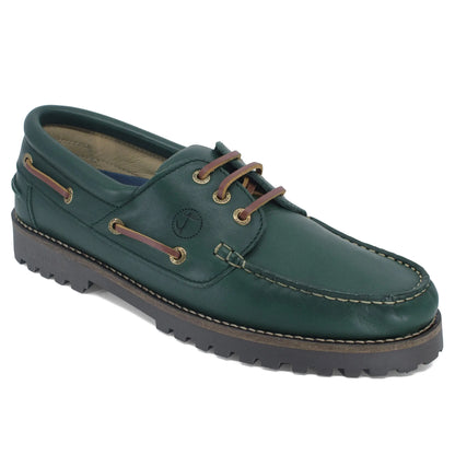 High quality dark green leather men boat shoe with brown laces and lug sole