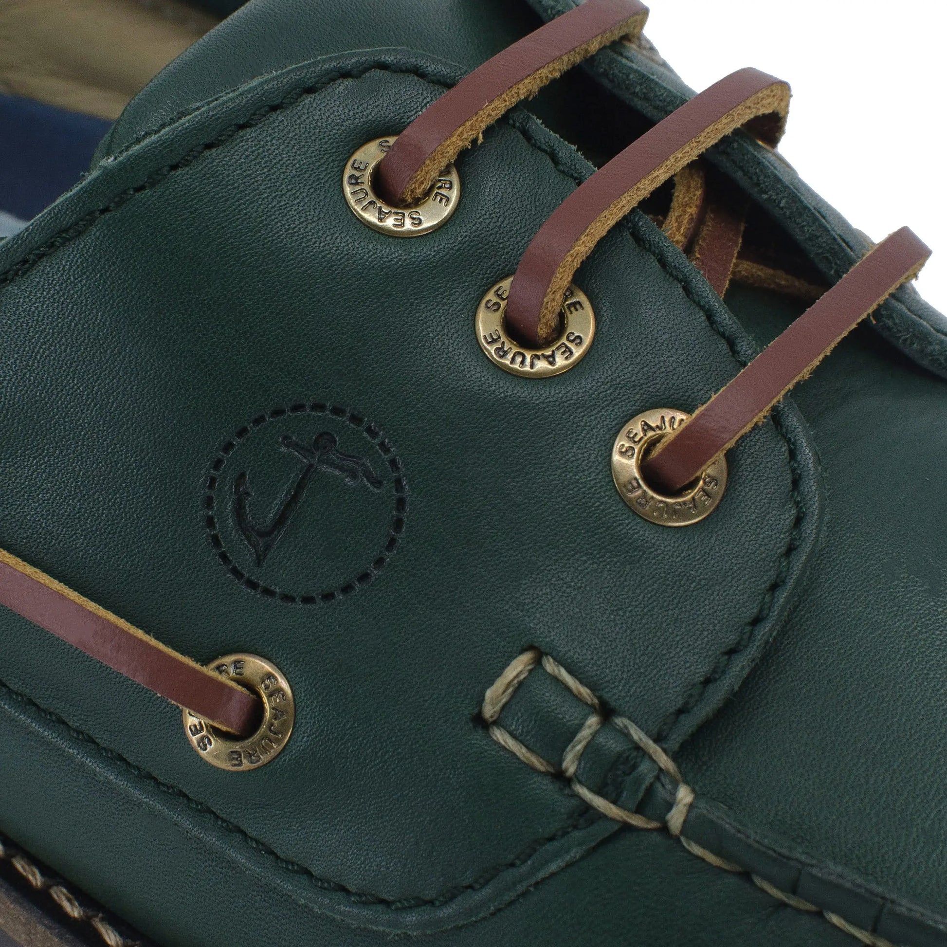High quality men boat shoe Keem in dark green leather with brown laces and brass eyelets