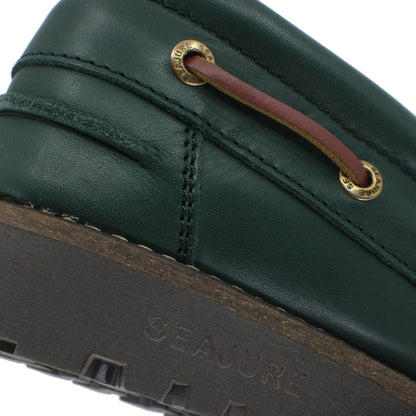 High quality dark green leather men boat shoe Keem with brown laces and thick sole