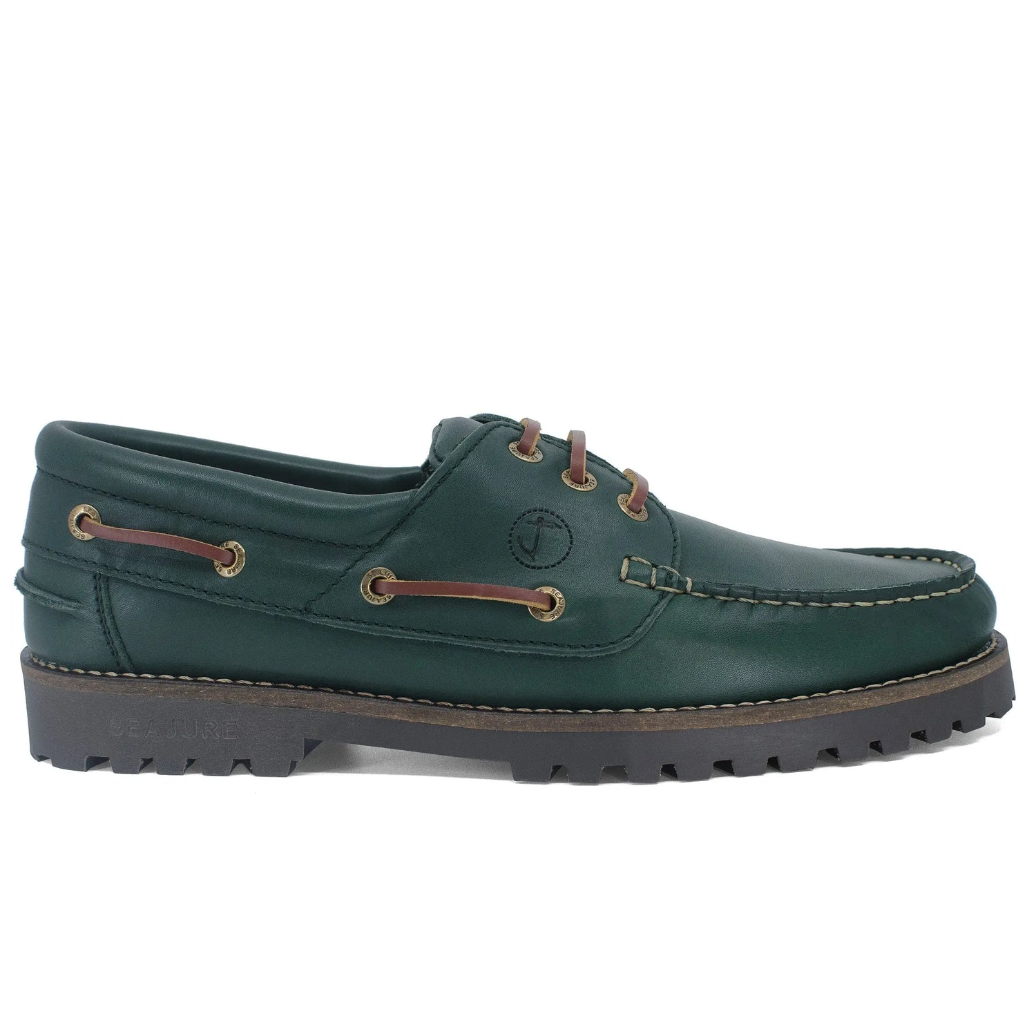 High quality dark green leather men boat shoe Keem with brown laces and lug sole
